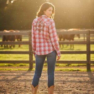 Roar Pearl Snap Embroidered Pink Plaid Long Sleeve Rockabilly Womens Shirt Sz XL